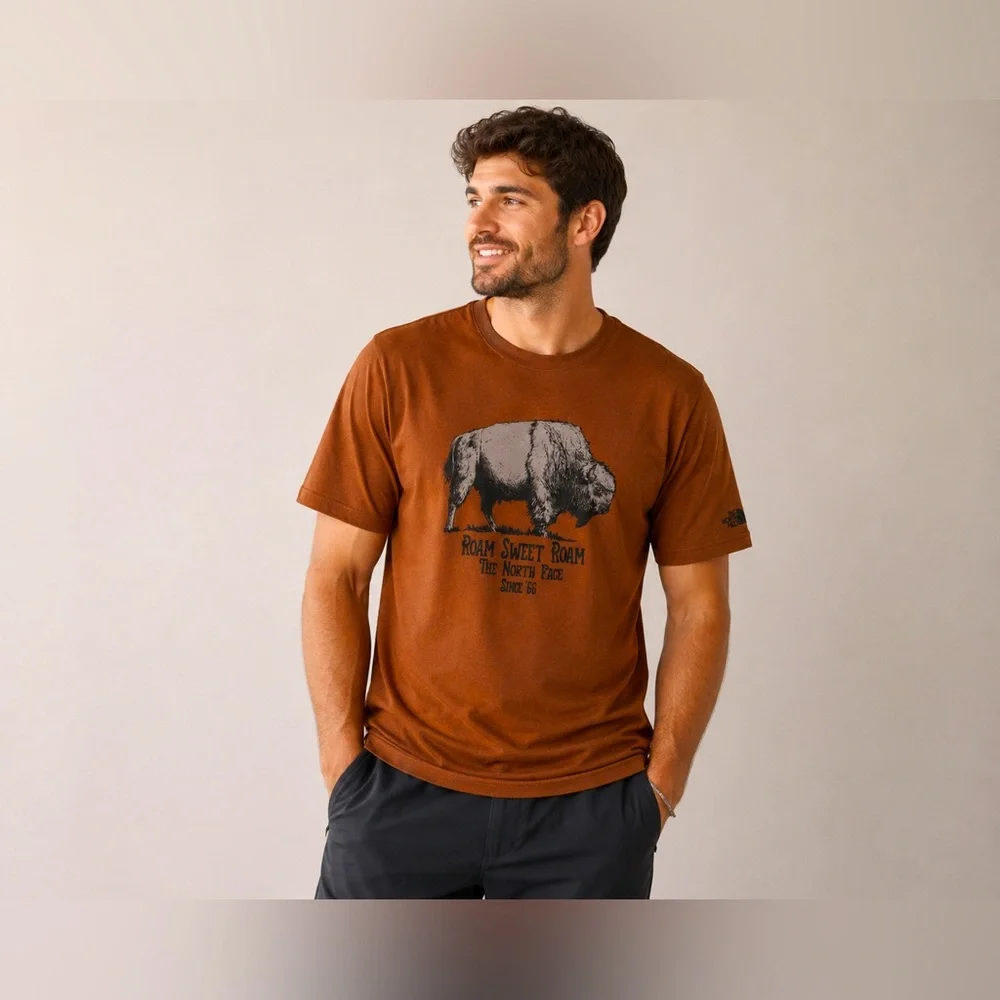 The North Face Roam Sweet Roam Bison Graphic T-Shirt Brown Rust Men’s Large